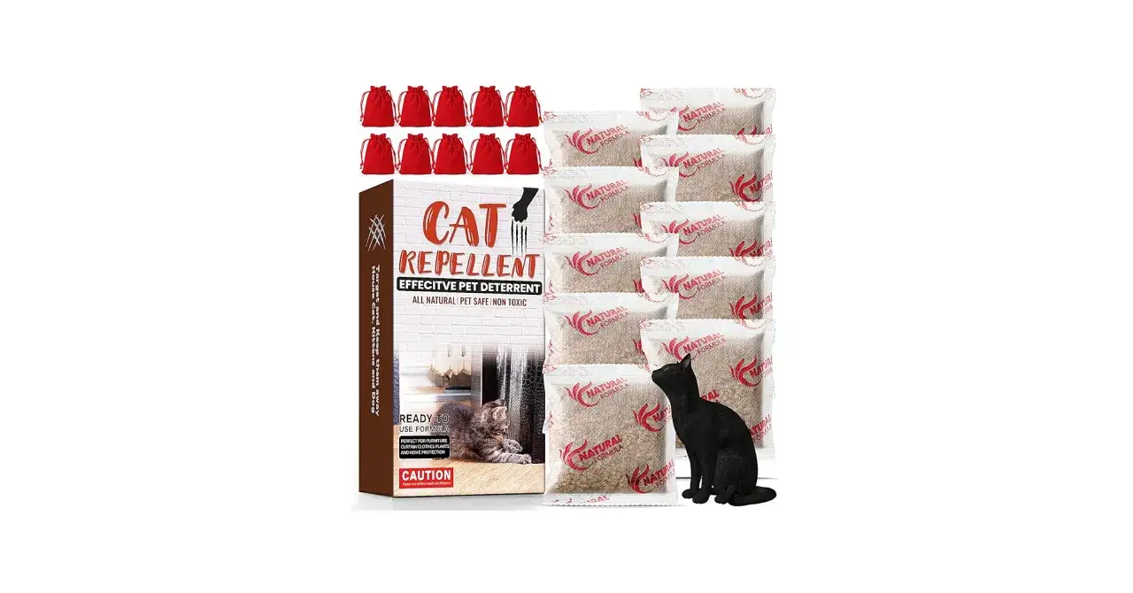 Cat repellent with sachets, designed to deter cats with smells they hate. Includes red pouches and a black cat illustration.