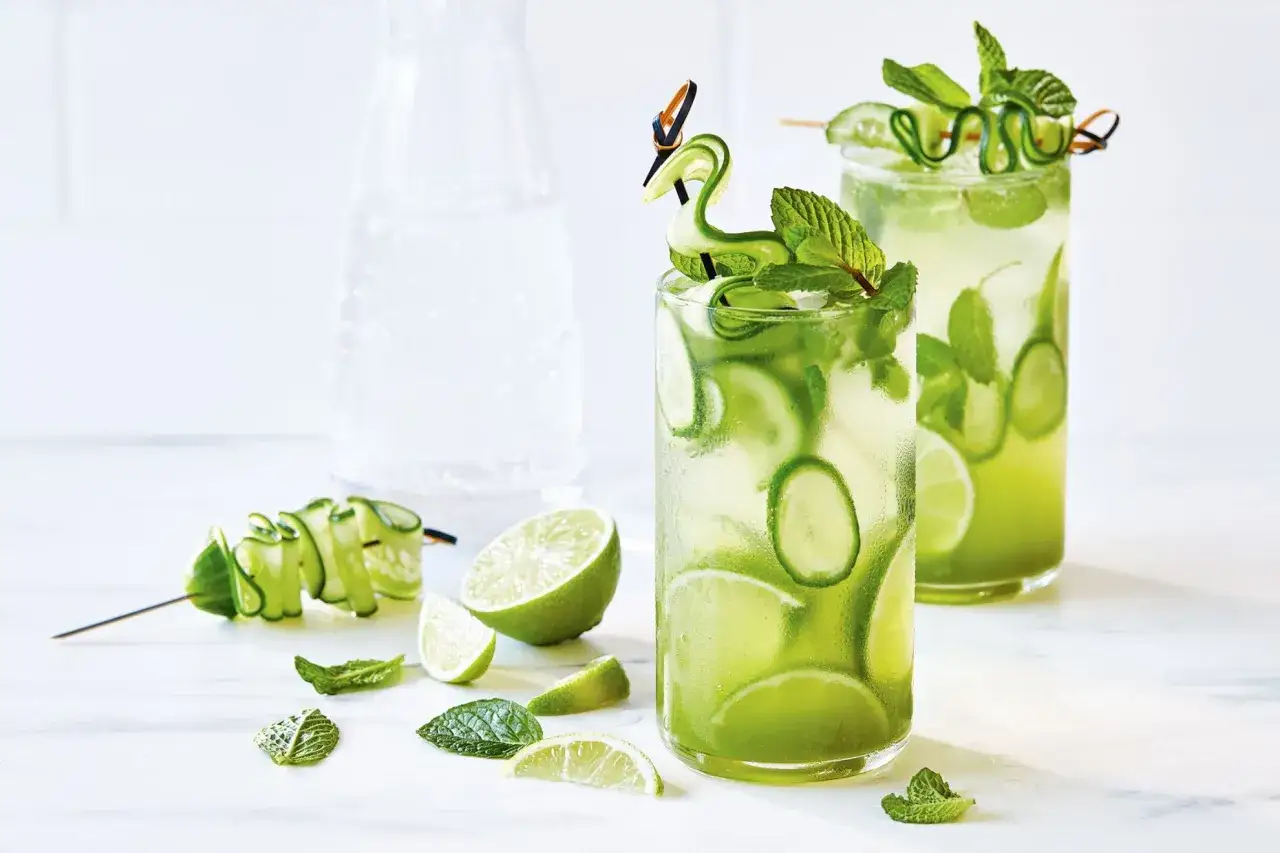 Två uppfriskande drinkar med gin, gurka och mynta. En elegant garnering av gurka formar en svan.