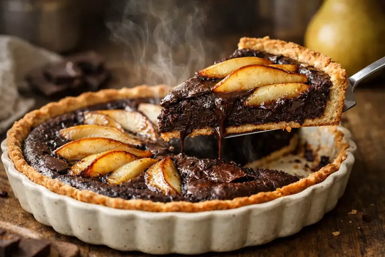 Une part de tarte poire chocolat fumante, avec le chocolat fondant qui coule. Un délice gourmand.