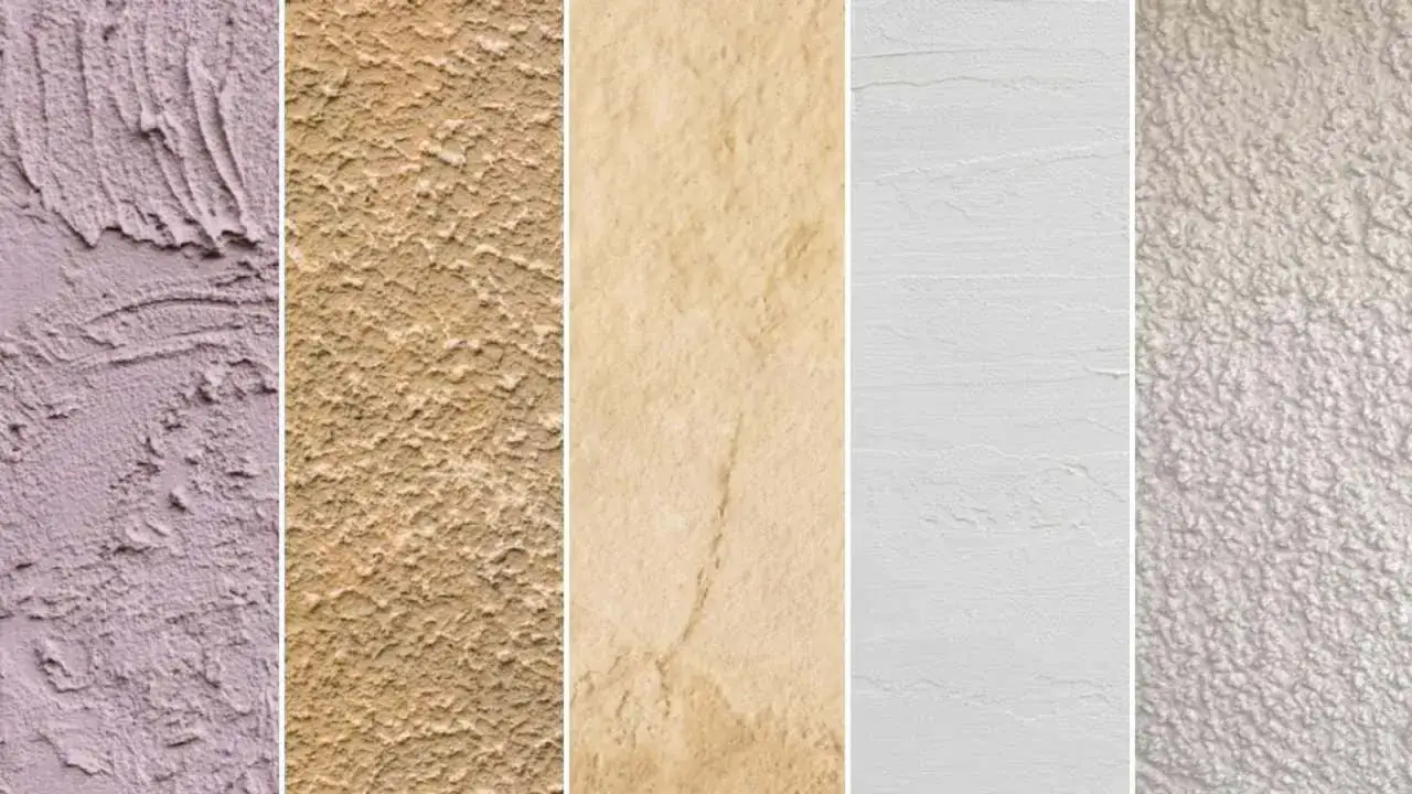 Cinco texturas de fachada sate acabados: morado rugoso, marr&oacute;n granulado, beige liso, blanco rayado y gris con relieve.