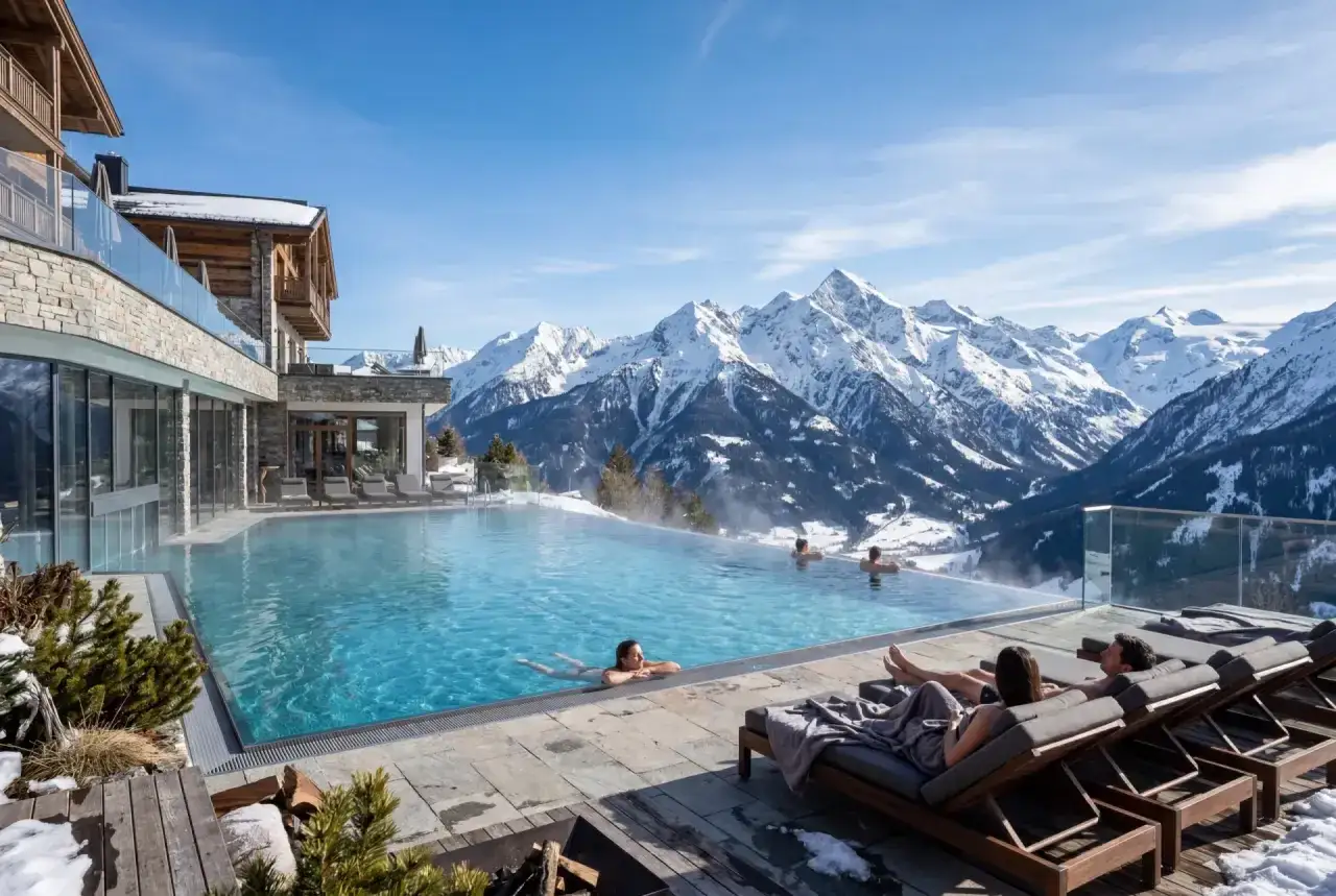 Ein luxuriöser Urlaub in den Bergen: Menschen entspannen im beheizten Infinity-Pool mit atemberaubendem Blick auf schneebedeckte Gipfel.