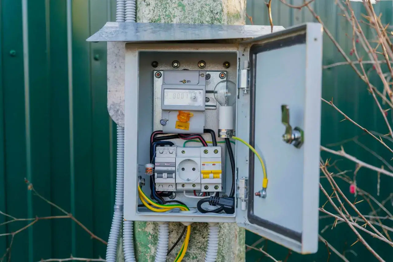 Skrzynka z licznikiem energii elektrycznej, gotowa do przeniesienia na zewnątrz budynku PGE. W środku widać licznik, bezpieczniki i gniazdko.