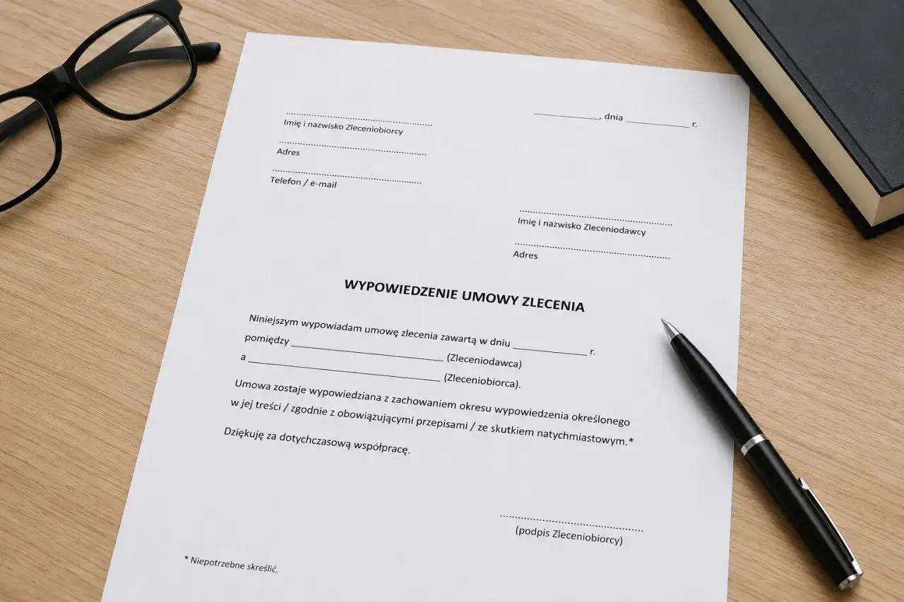 Dokument wypowiedzenie umowy zlecenia na drewnianym biurku, obok długopis i okulary.
