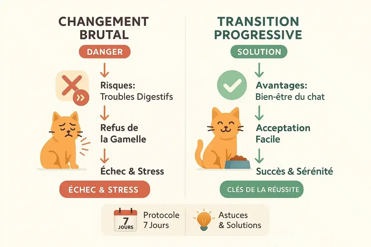 Illustration comparant un changement alimentaire brutal (danger, troubles digestifs, refus) &agrave; une transition alimentaire progressive (solution, bien-&ecirc;tre, succ&egrave;s) pour un chat.