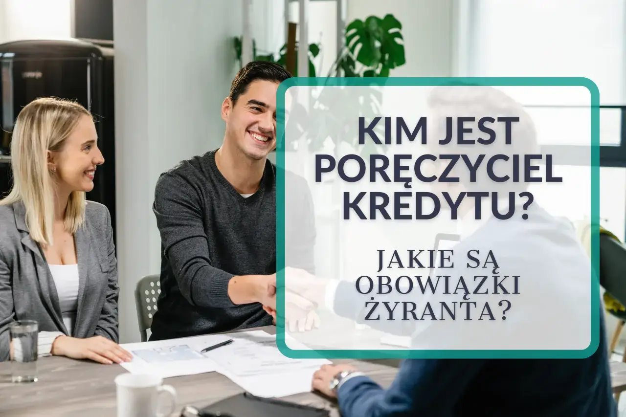 Uśmiechnięci ludzie przy stole omawiają kredyt z poręczycielem. Tekst pyta: