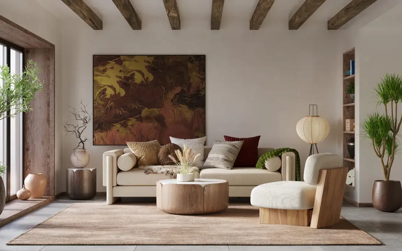 Soggiorno accogliente con divano beige, tavolino in legno e un quadro che crea una **tabella colori caldi**.