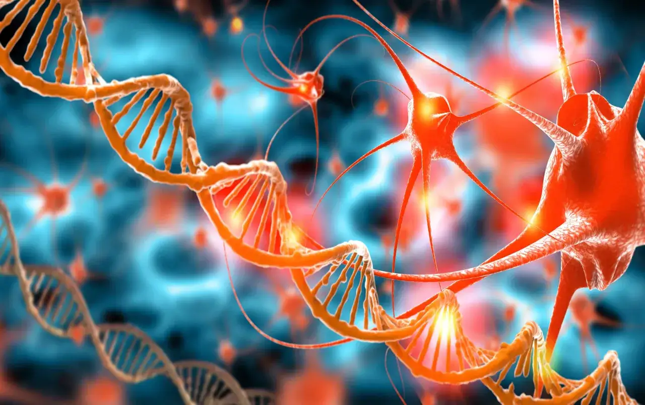 Genetyczne podłoże pląsawicy: spiralne DNA i czerwone neurony w tle, sugerujące chorobę neurologiczną.