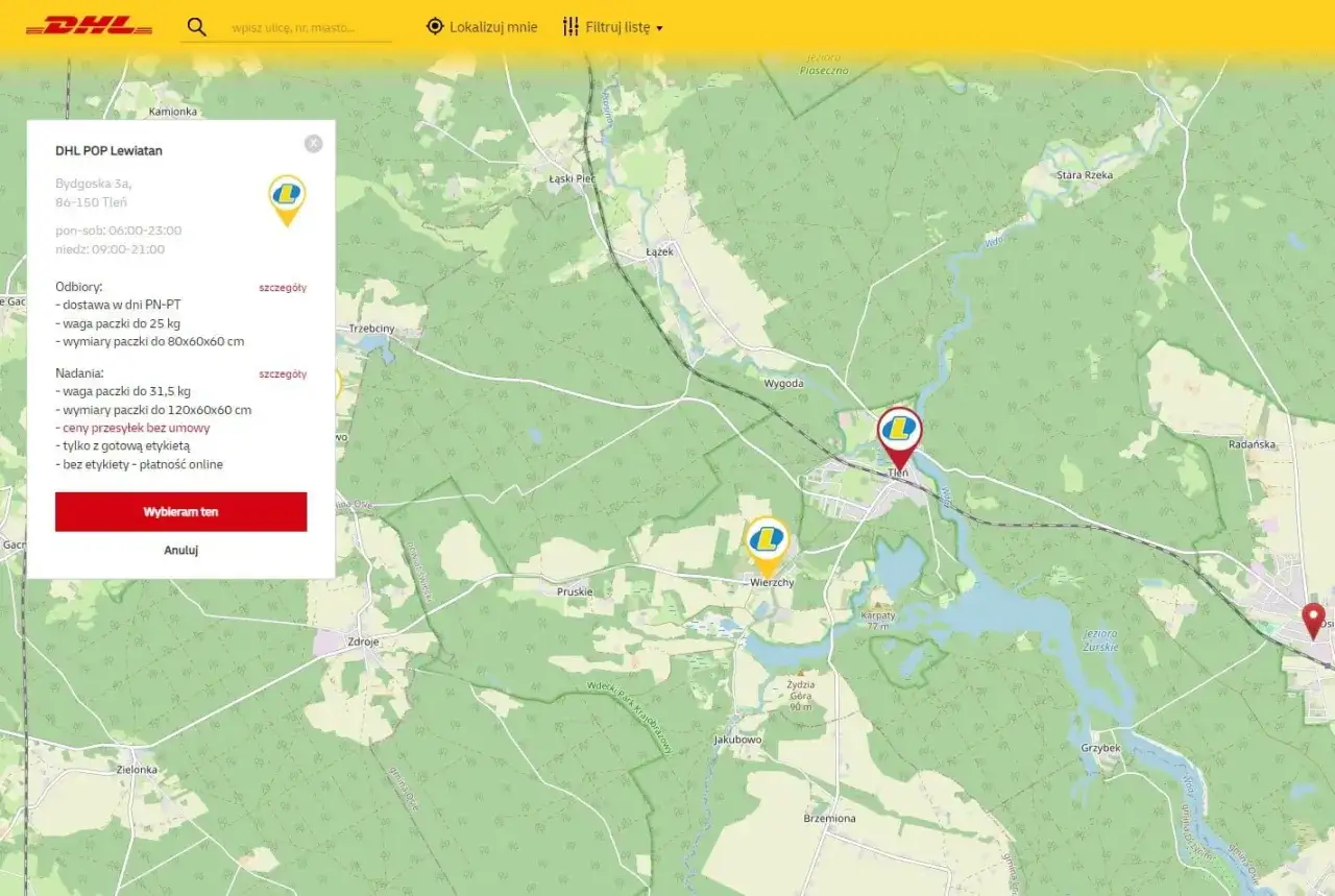 Mapa pokazuje punkty odbioru i nadania paczek DHL. Możesz tu nadać lub odebrać przesyłkę, np. z Zalando, korzystając z usług DHL.