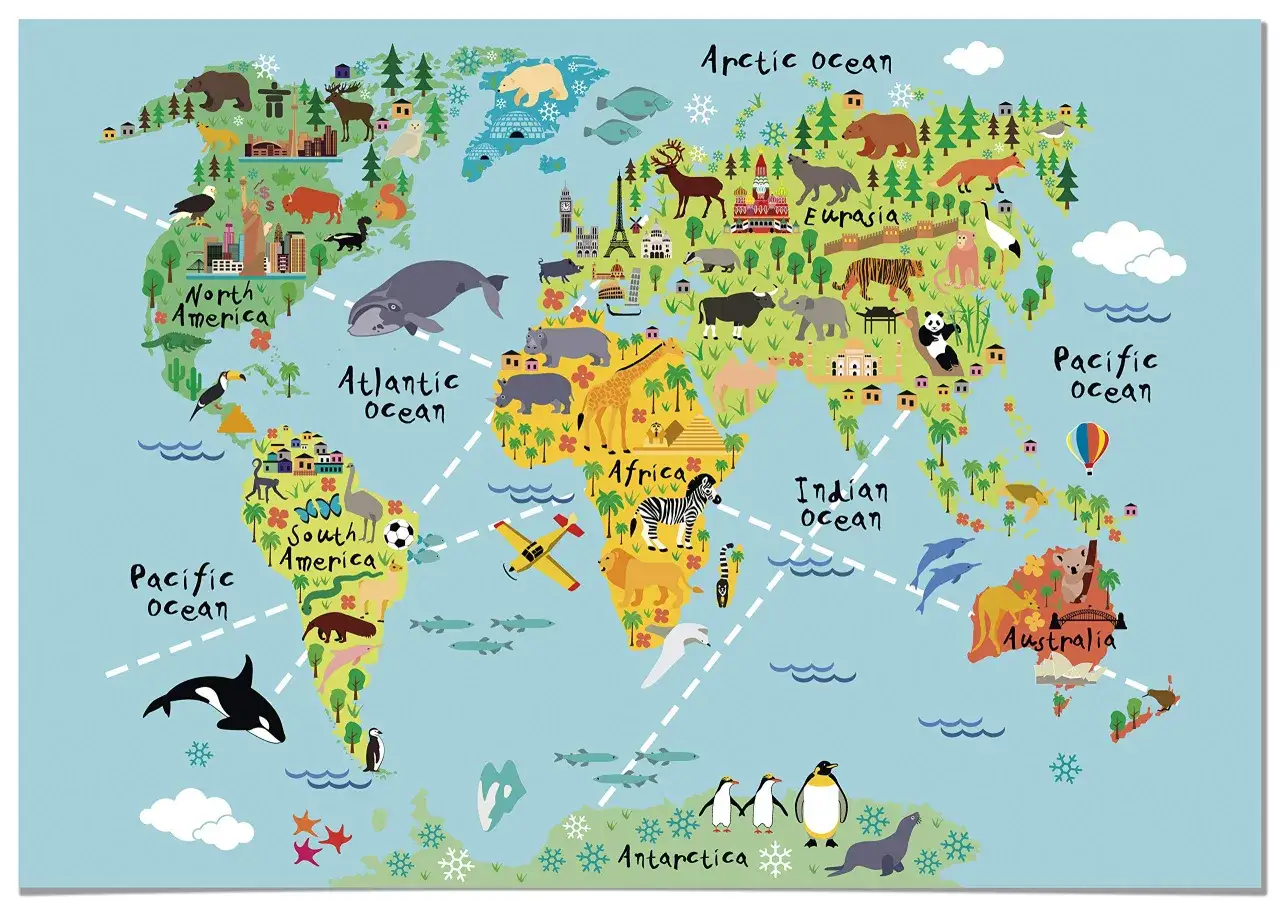 Un mapa del mundo ilustrado con animales y monumentos, ideal como cuadro para ni&ntilde;os.