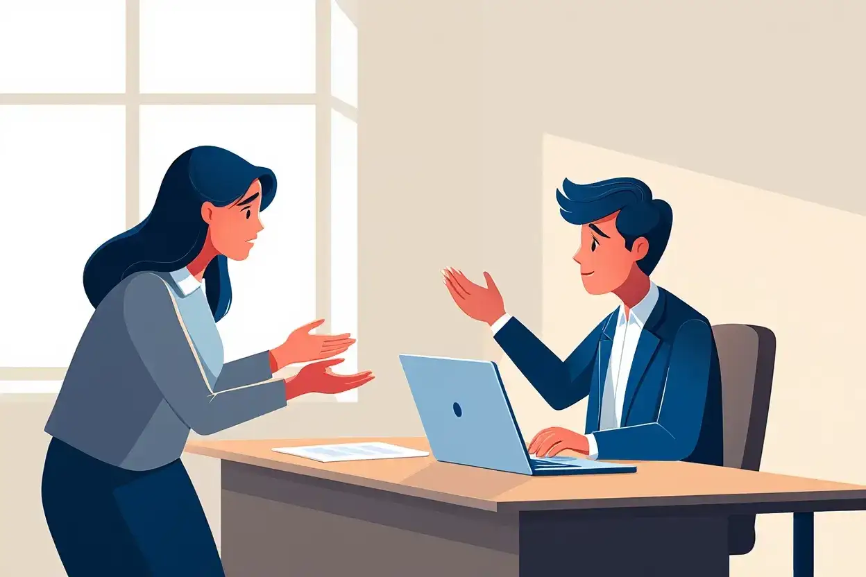 Une femme exprime son mécontentement, mains tendues, face à un homme souriant derrière un bureau avec un ordinateur portable.