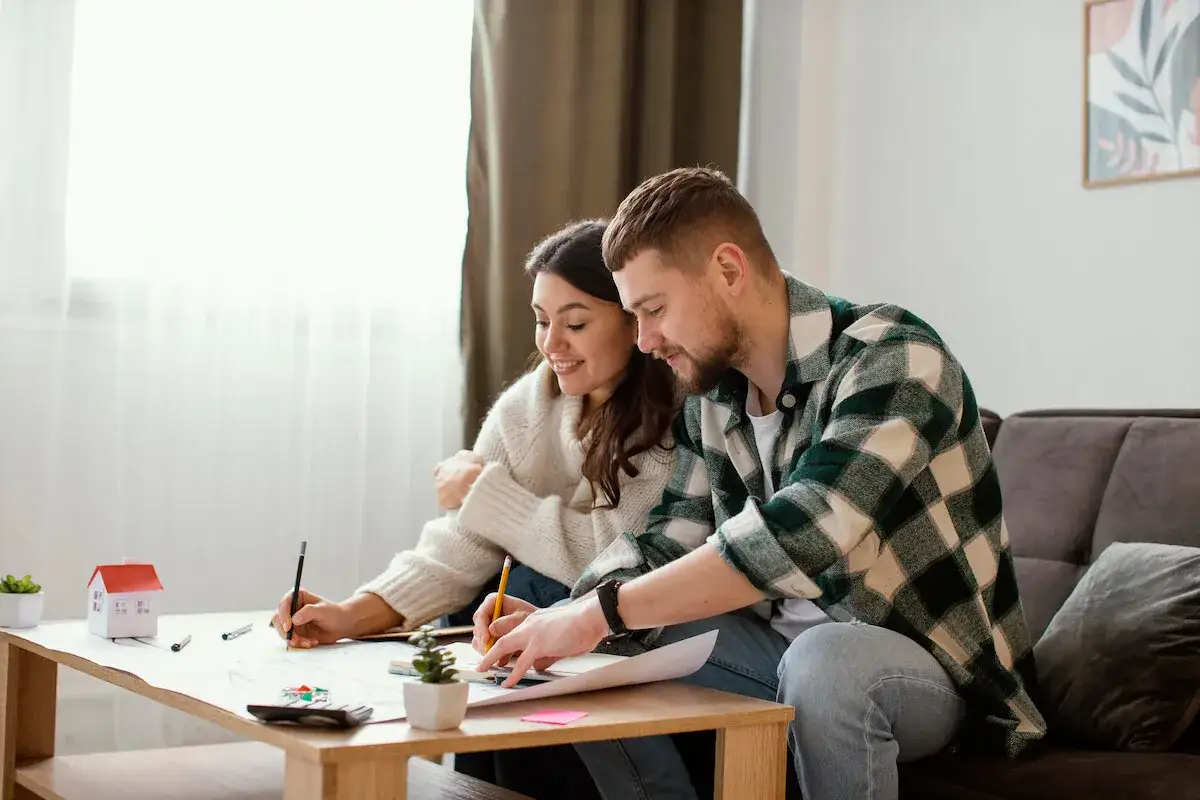 Un couple planifie son avenir, calculant combien de temps avant d'aller chez lui. Ils sont assis &agrave; une table, entour&eacute;s de documents et d'une maquette de maison.