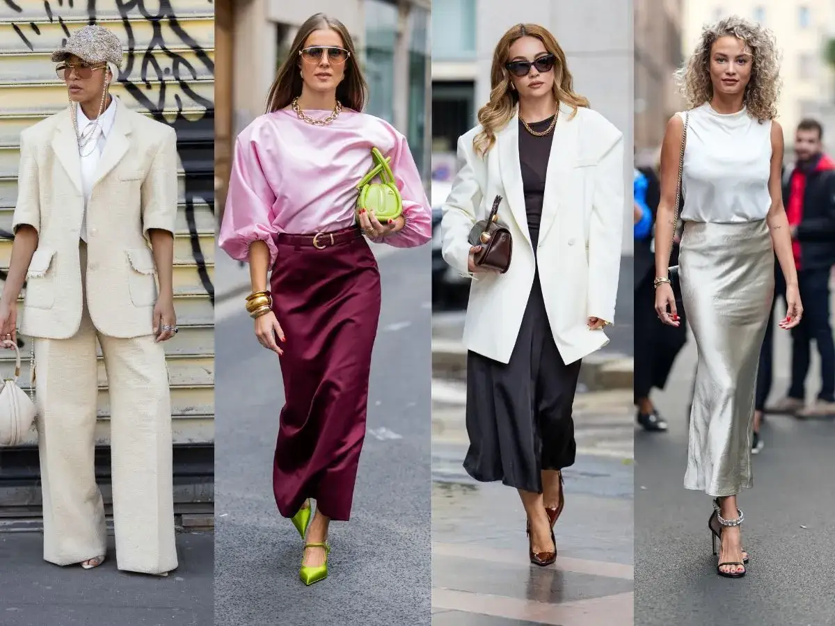 Eleganckie stylizacje na komunię syna: beżowy garnitur, różowa bluzka z satynową spódnicą, biała marynarka z czarną sukienką, biała bluzka ze srebrną spódnicą.