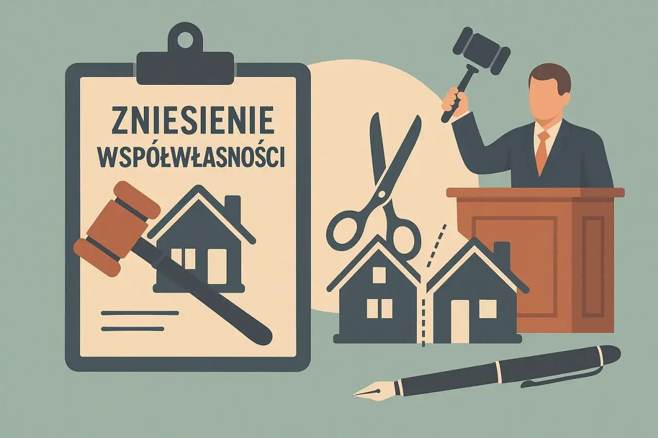 Ilustracja symbolizująca zniesienie współwłasności nieruchomości: dokument, młotek sędziowski, nożyce przecinające domy, sędzia i długopis.