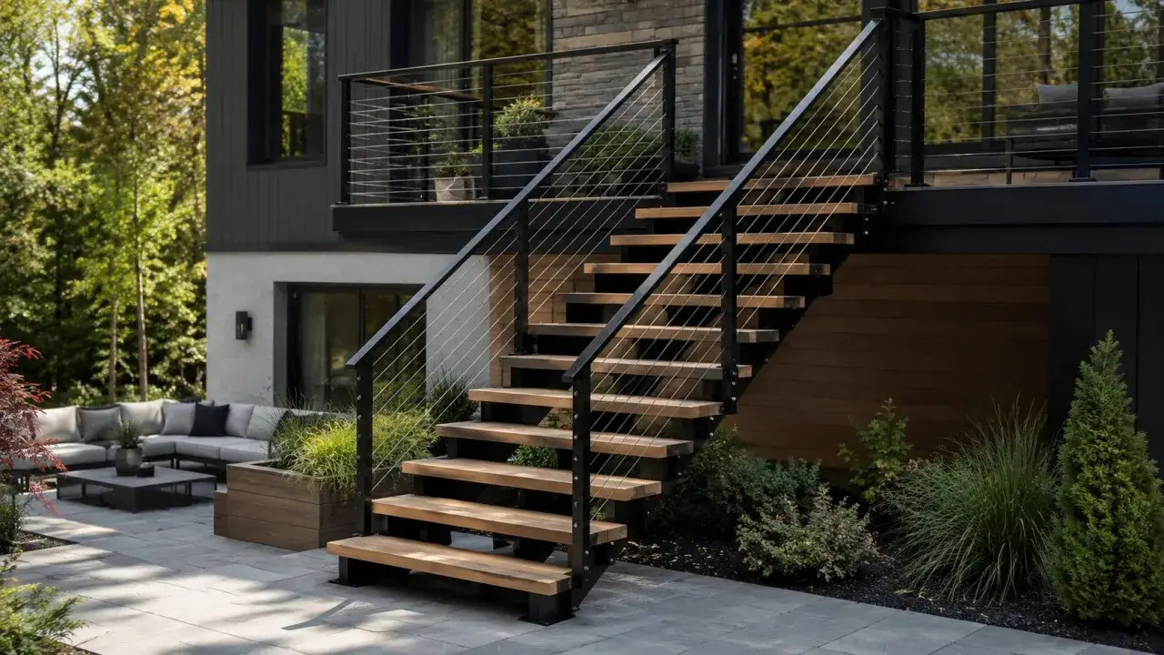 Escalier extérieur moderne en bois et métal, respectant la norme hauteur marche escalier extérieur. Aménagement paysager avec mobilier de jardin.
