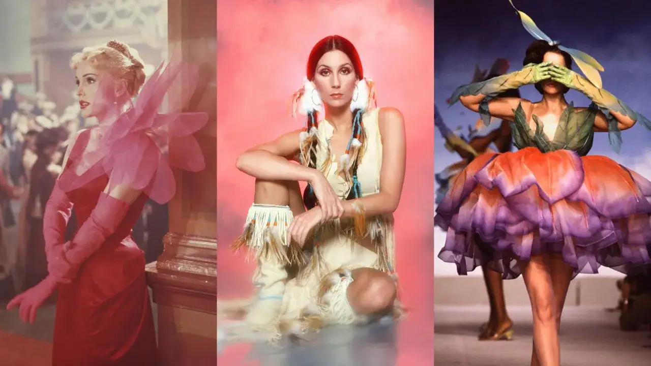 Three iconic looks embodying camp aesthetic: a pink fairy-like gown, Cher in Native American-inspired attire, and a model in a dramatic floral dress.