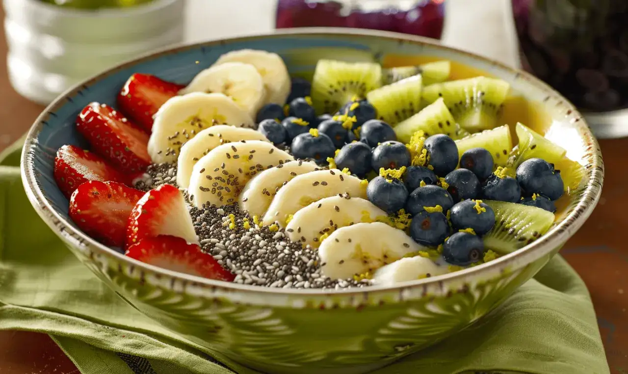 Un taz&oacute;n vibrante con fresas, pl&aacute;tanos, ar&aacute;ndanos, kiwi y semillas de ch&iacute;a. &iexcl;As&iacute; es como se ve un delicioso a&ccedil;ai que es!