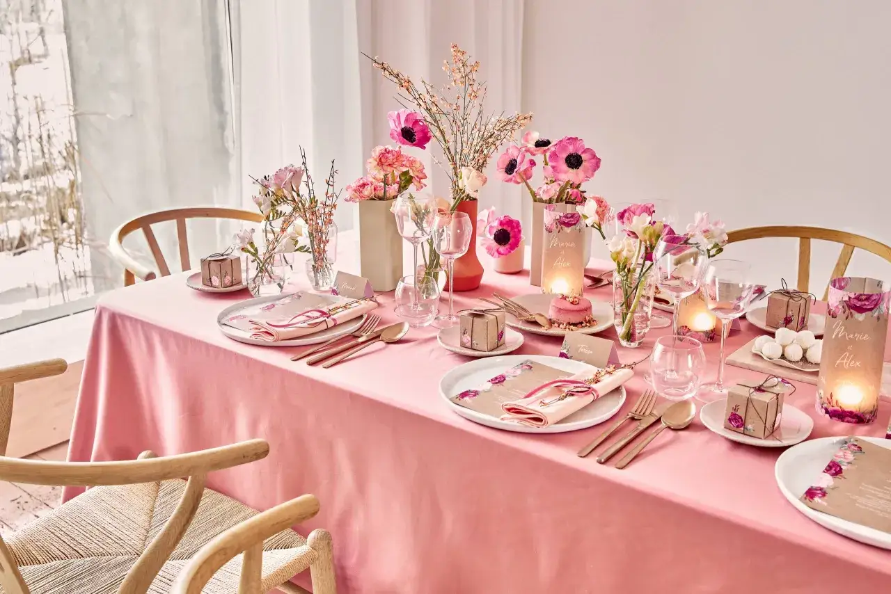 Une table dressée pour un repas festif, avec une nappe rose, des fleurs, des bougies et des petits cadeaux. Une belle idée déco centre de table salle à manger pour une occasion spéciale.