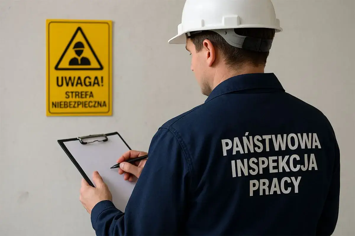 Społeczny inspektor pracy w białym kasku notuje coś na kartce, obok żółty znak ostrzegawczy