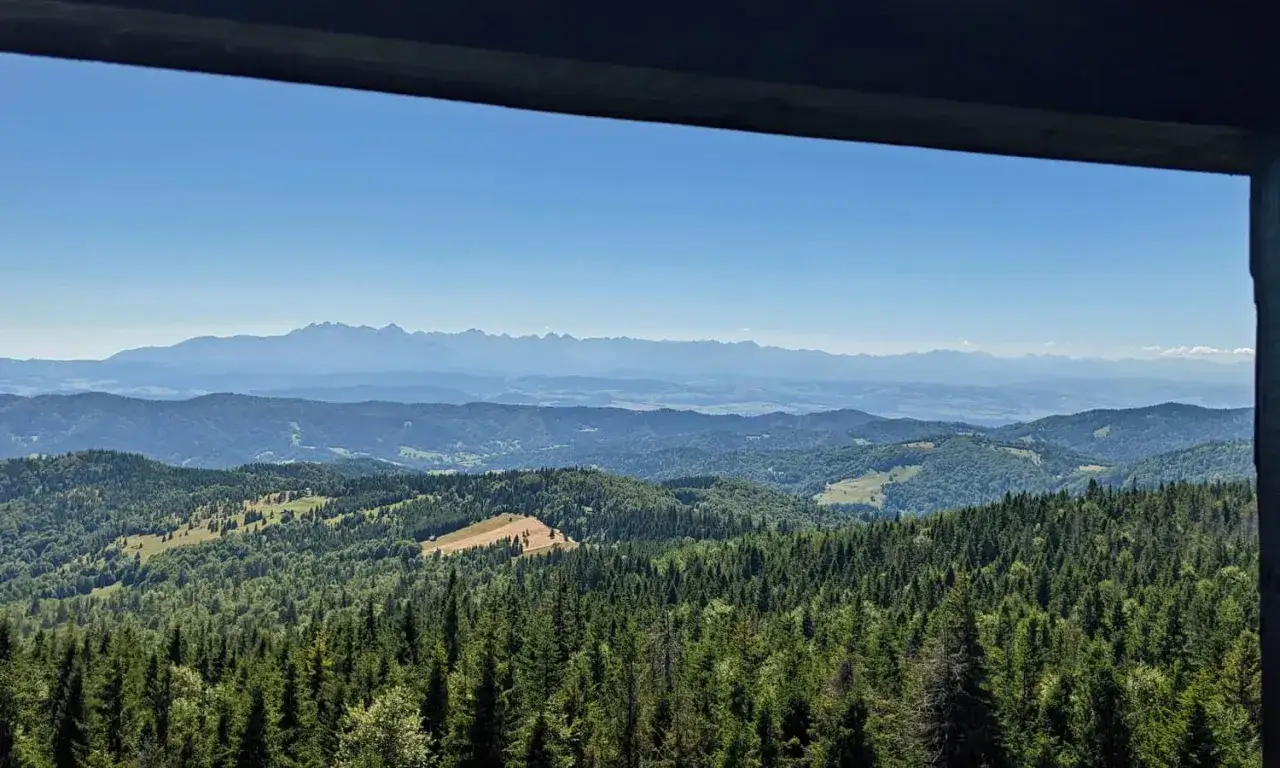 Widok z wieży widokowej na Gorcach. W oddali majaczą Tatry.