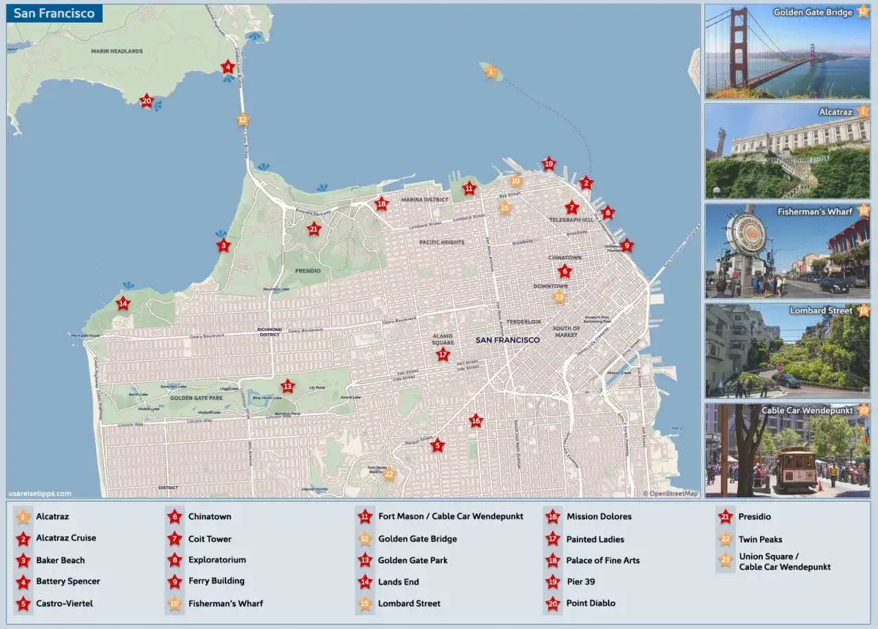 San Francisco Geheimtipps: Karte mit Sehenswürdigkeiten wie Alcatraz, Golden Gate Bridge, Fisherman's Wharf und Lombard Street.