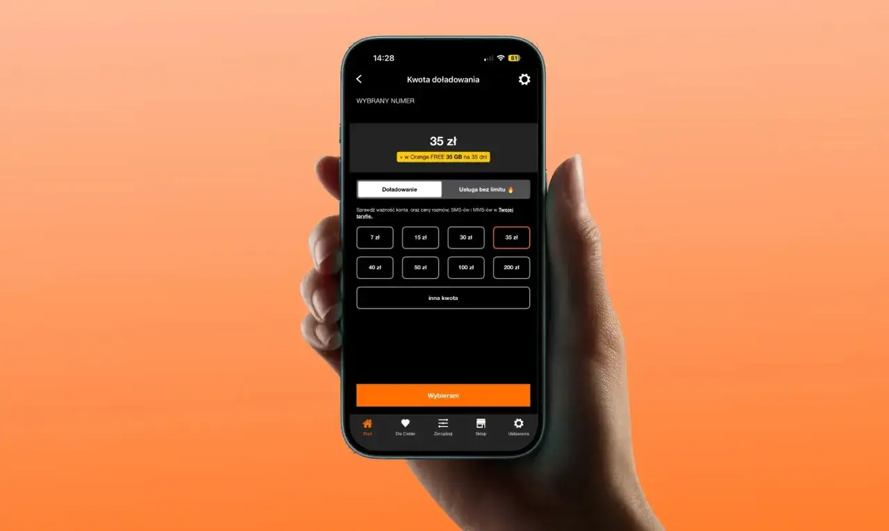 Aplikacja Orange pokazuje, jak doładować konto. Wybrano kwotę 35 zł z bonusem 35 GB na 35 dni.