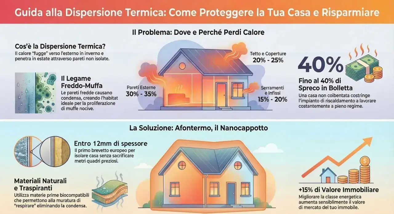 Guida alla dispersione termica: illustra le perdite di calore in casa, le cause (muri, tetto, infissi) e le soluzioni per migliorare l'isolamento e risparmiare.