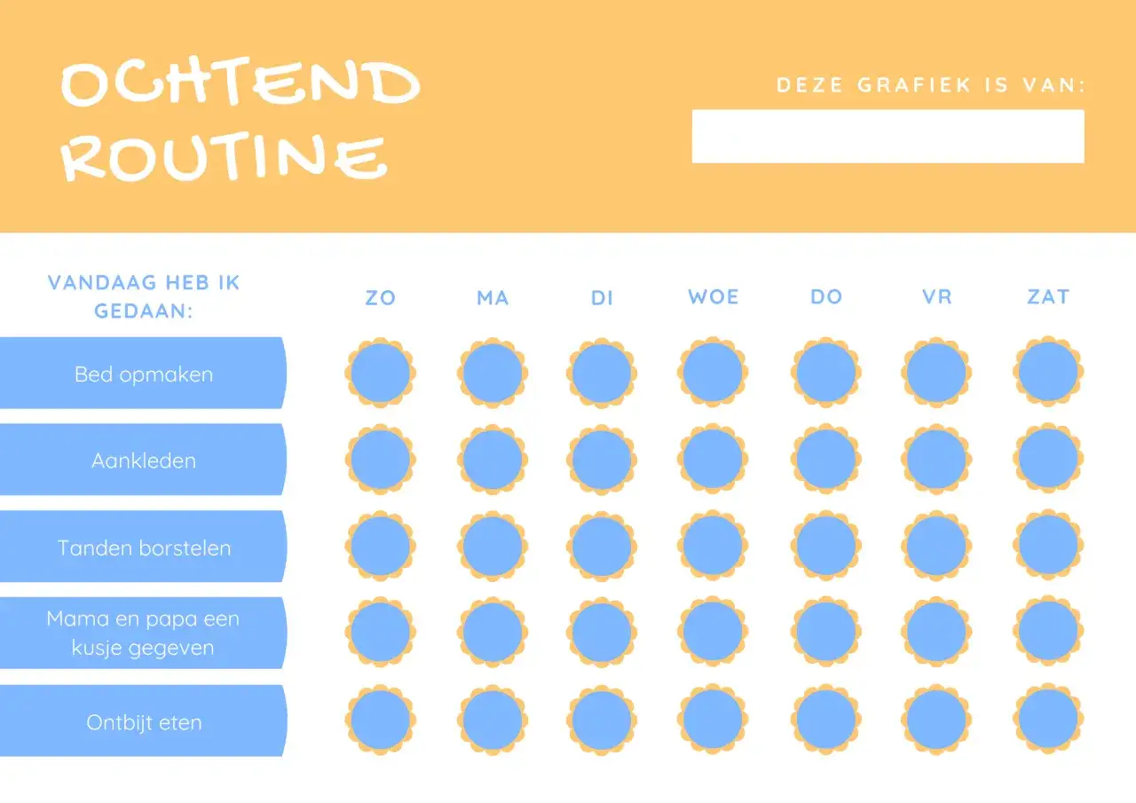 Ochtendroutine-tracker voor het **start nieuwe schooljaar**. Met taken zoals bed opmaken, aankleden, tanden poetsen, kusjes geven en ontbijten.
