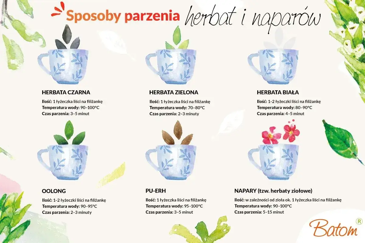 Ilustracja pokazuje, jak parzyć zieloną herbatę: 1 łyżeczka liści na filiżankę, woda 70-80°C, 2-3 minuty.