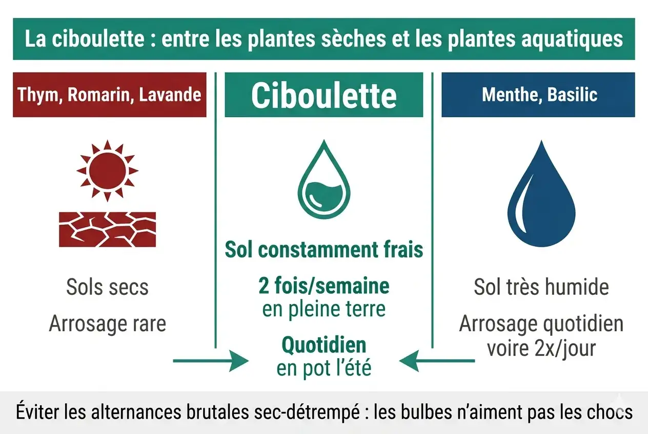 Conseils d'arrosage ciboulette : sol frais, 2x/semaine en terre, quotidien en pot l'&eacute;t&eacute;. &Eacute;viter les chocs sec/humide.