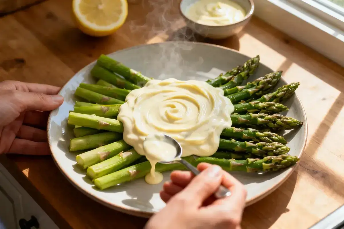 Asperges vertes napp&eacute;es d'une onctueuse sauce hollandaise sans beurre, servie avec une cuill&egrave;re.