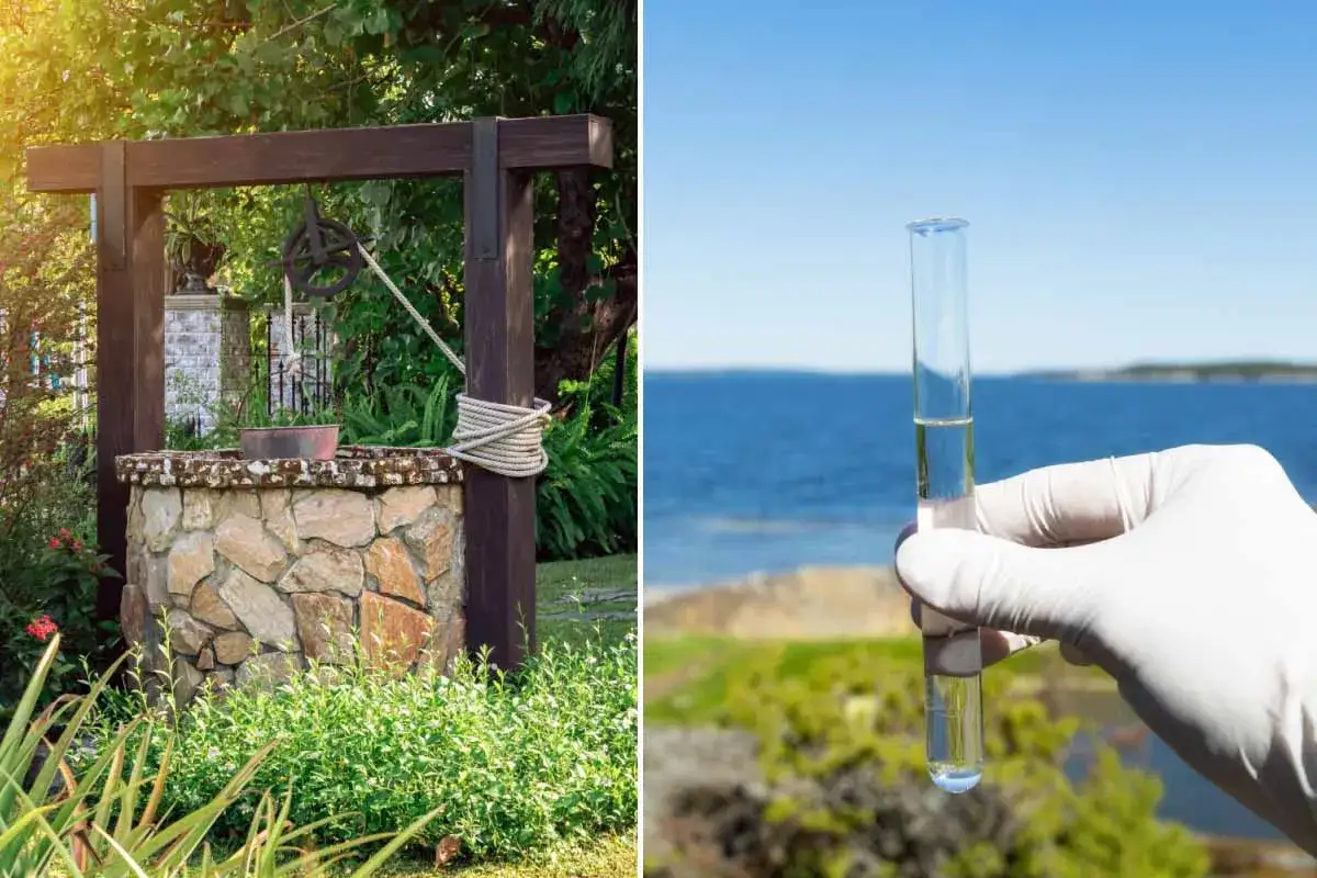 Un puits ancien et une &eacute;prouvette contenant de l'eau pour analyser l'eau du puits.