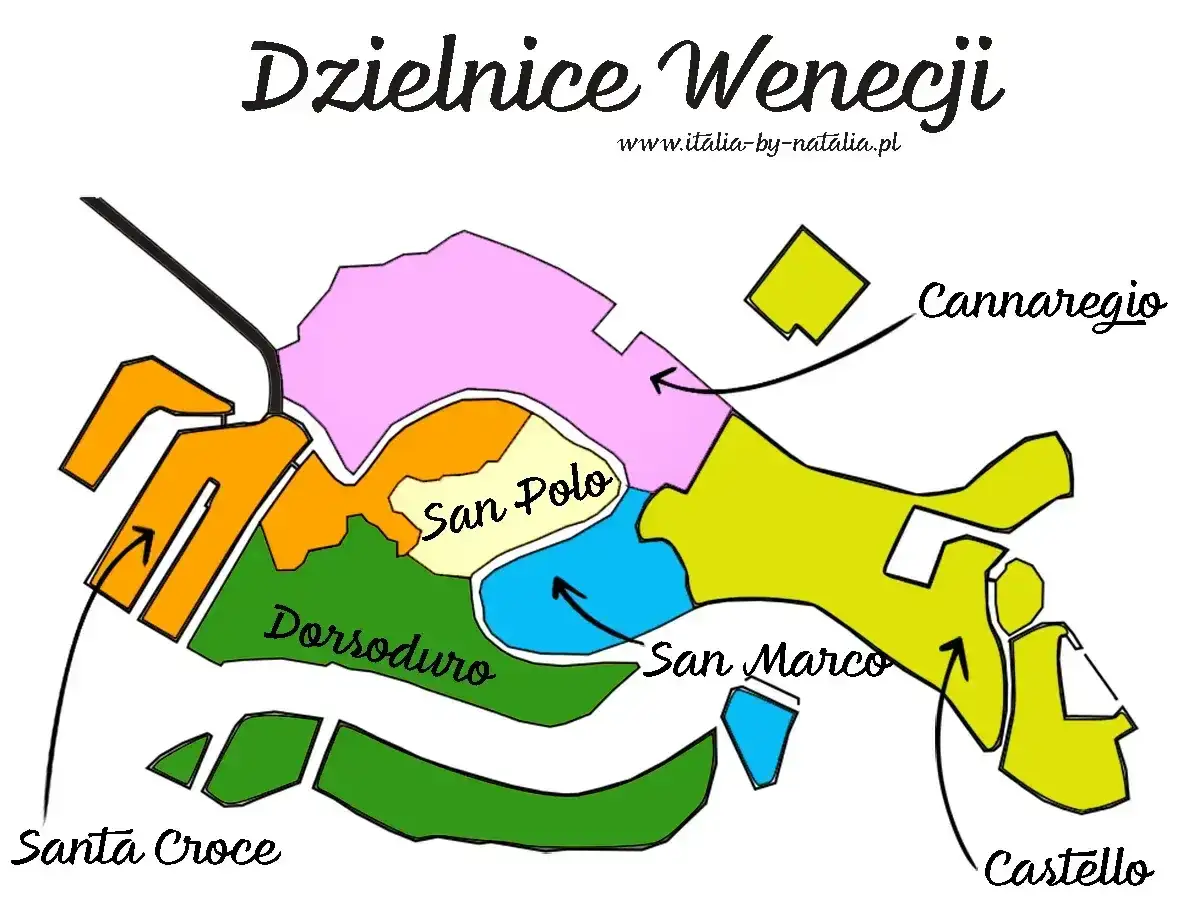 Kolorowa mapa przedstawiająca dzielnice Wenecji: Cannaregio, Castello, Dorsoduro, San Marco, San Polo i Santa Croce.