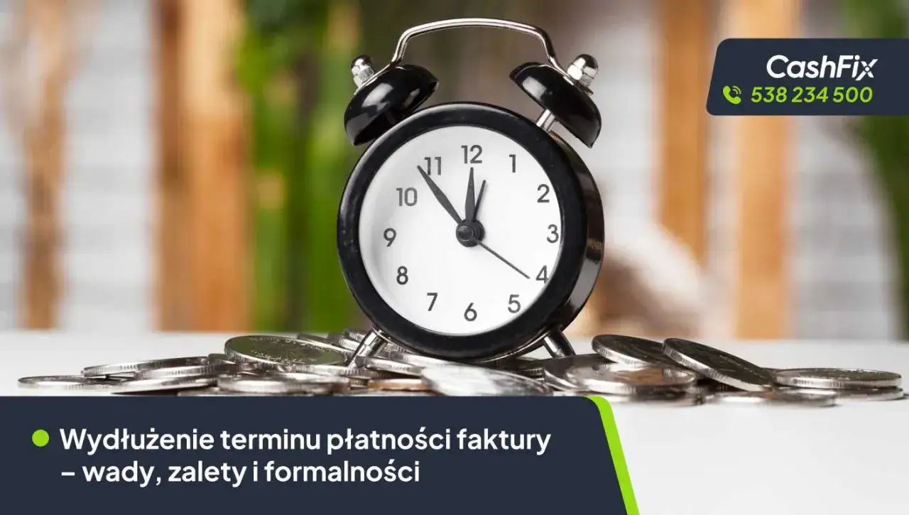 Budzik na stosie monet symbolizuje potrzebę prolongaty terminu płatności.