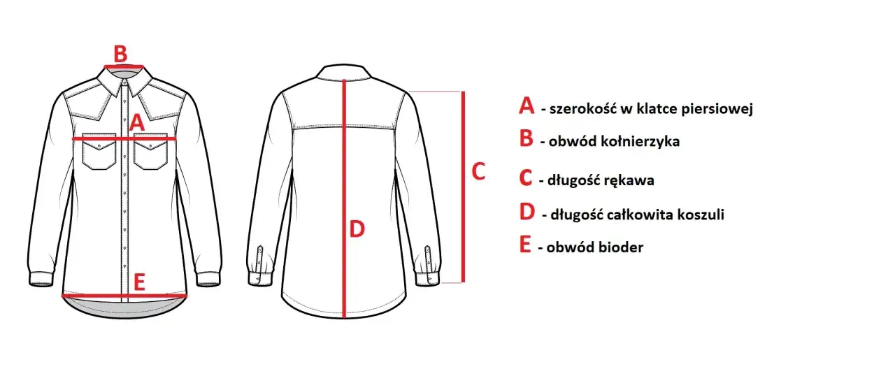 Schemat pokazuje, jak zmierzyć koszulkę: szerokość w klatce (A), obwód kołnierzyka (B), długość rękawa (C), długość całkowita (D) i obwód bioder (E).