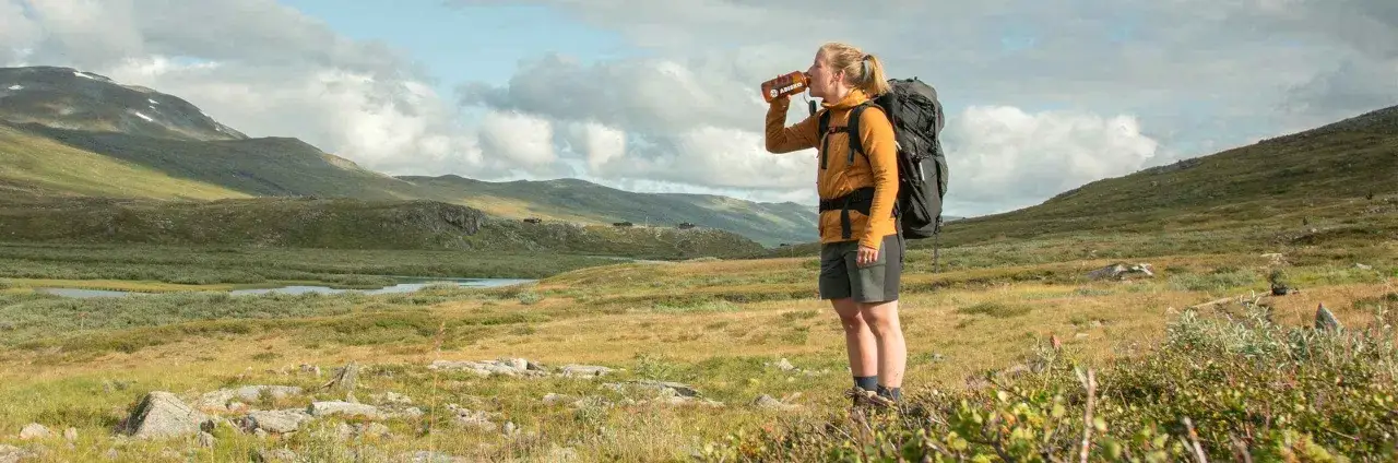 Vandrare tar en paus med dryck i Sarek, en del av Kungsleden. Fjällandskap med sjö och moln.