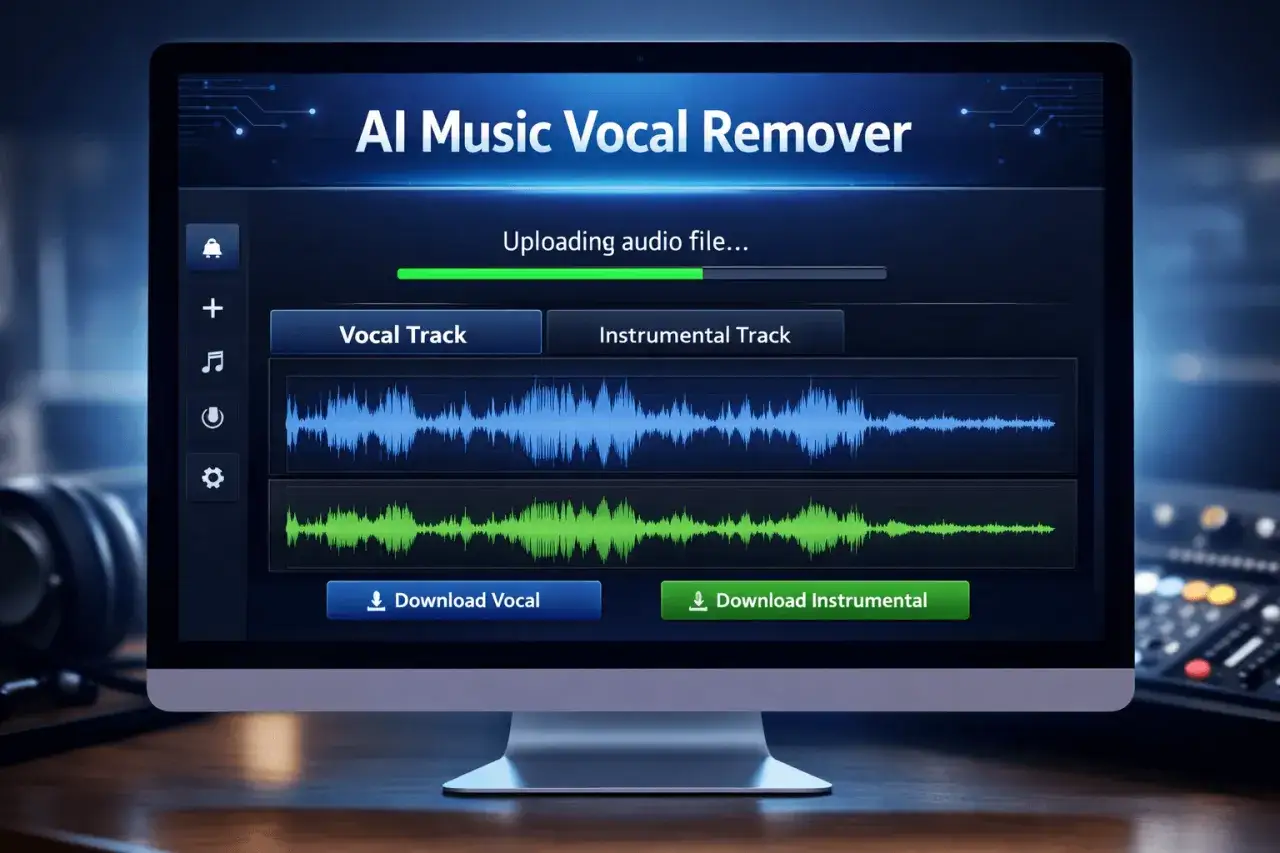 AI Music Vocal Remover software displays waveform analysis, allowing users to download vocal or instrumental tracks.