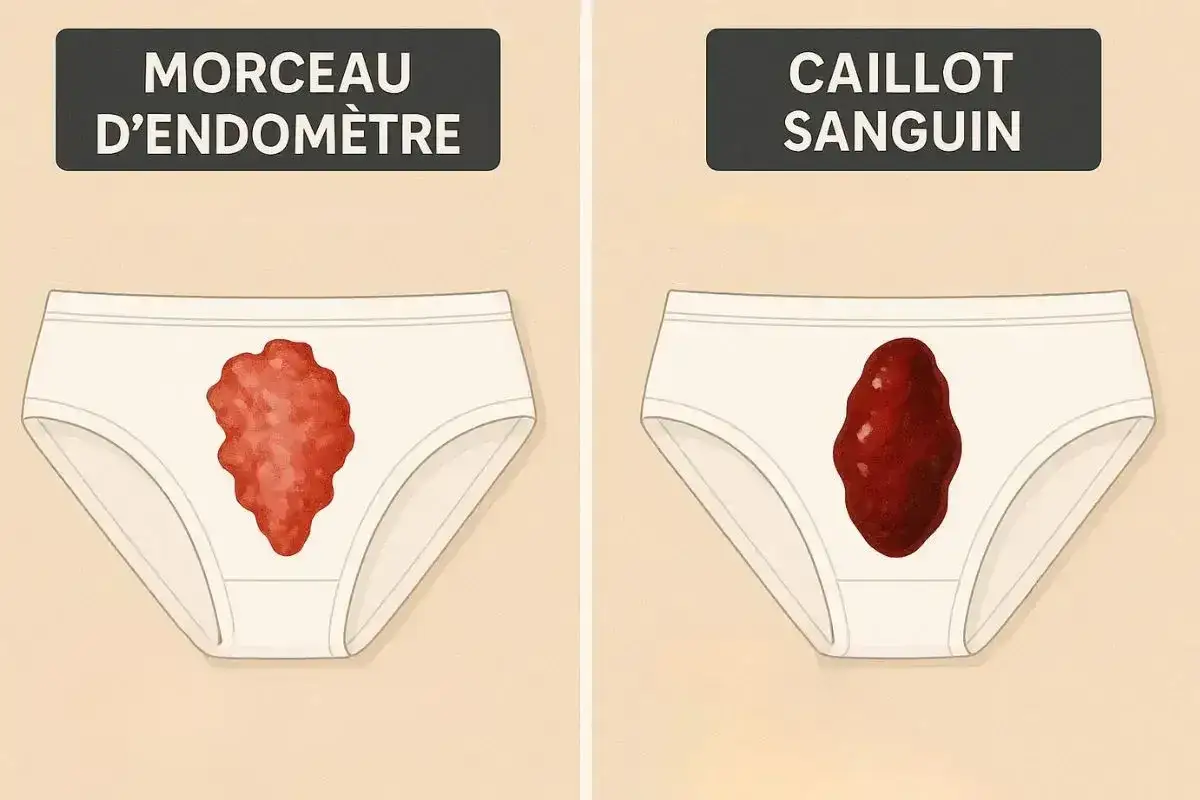 Dwie pary majtek z plamami. Po lewej fragment endometrium, po prawej skrzepy podczas okresu.