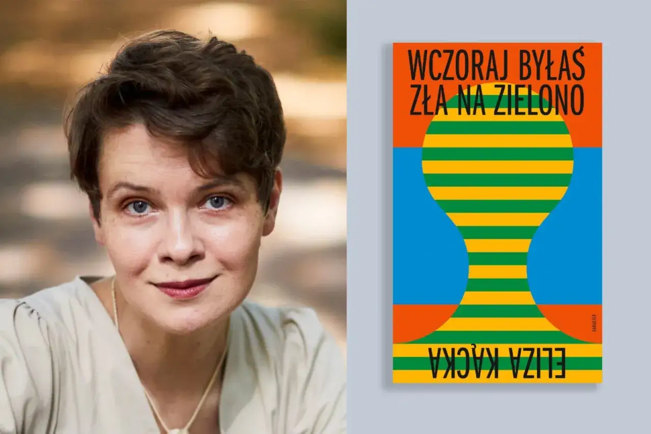 Portret kobiety obok okładki książki 