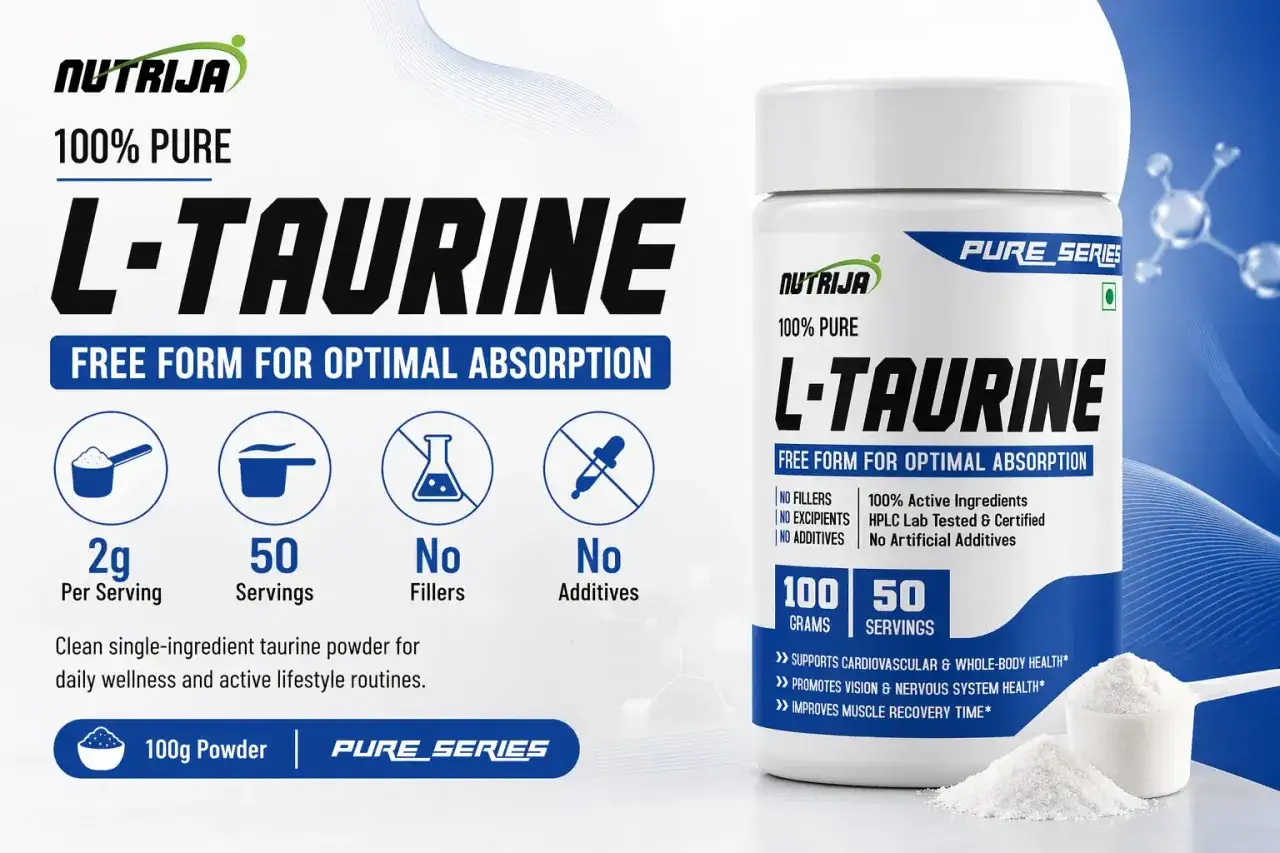 Czy tauryna pobudza? Suplement L-Taurine Nutrija 100g, 50 porcji, wspiera zdrowie, regenerację mięśni. Bez wypełniaczy i dodatków.