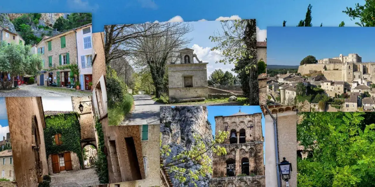 Collage de villages pittoresques, ruelles pavées, églises et châteaux perchés, évoquant le charme de **Aubenas les Alpes**.