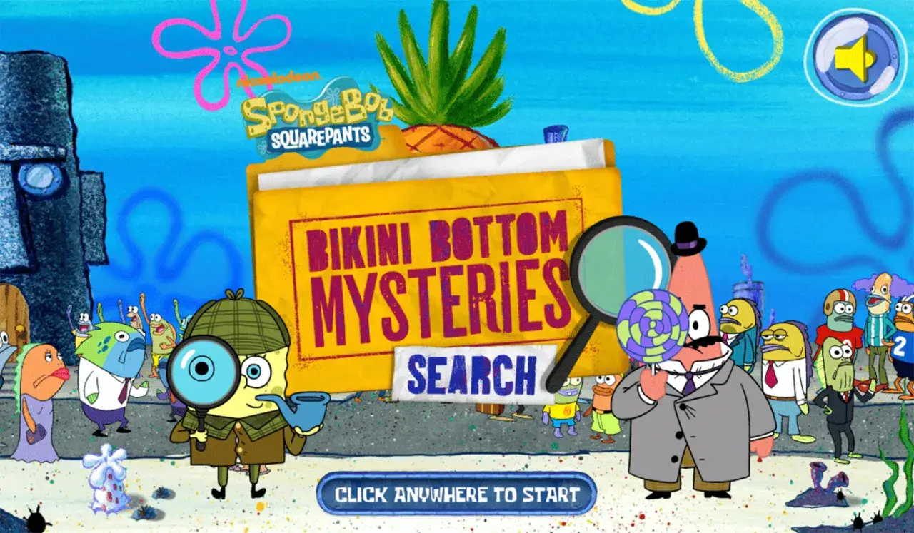 SpongeBob i Patrick w grze Bikini Bottom Mysteries Search. Rozpocznij przygodę ze SpongeBob gry online!
