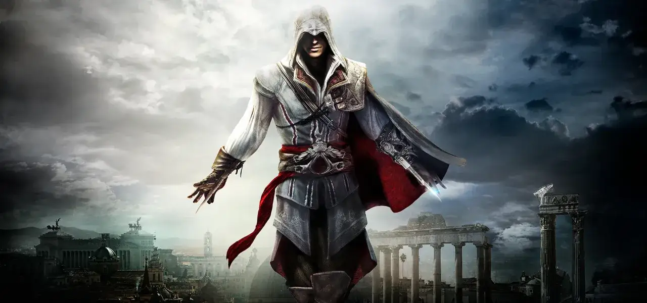Ezio Auditore w białym kapturze, z ukrytymi ostrzami, stoi na tle burzowego nieba i ruin miasta. To kluczowy moment z Assassin's Creed Revelations.