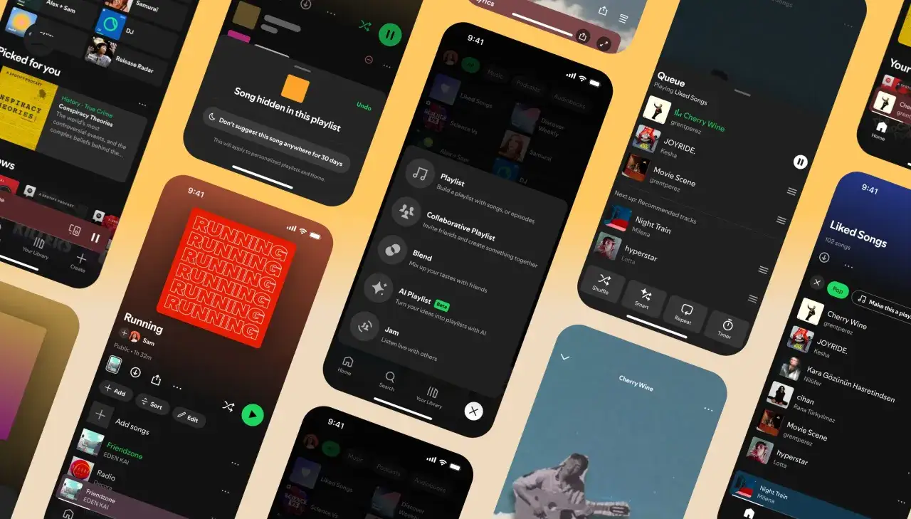 Multiple Spotify app screens showing playlist creation, song queues, and personalized recommendations, including a