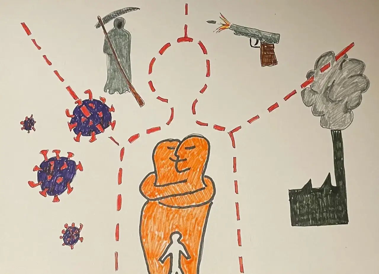 En illustration som visar exempel på empati: två personer kramar varandra, skyddade från döden, virus och krig.