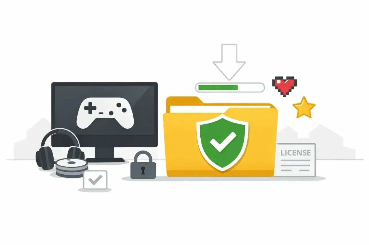 Bezpieczne pobieranie gier na PC pełne wersje. Komputer, słuchawki, dyski, folder z tarczą, licencja i pasek postępu.