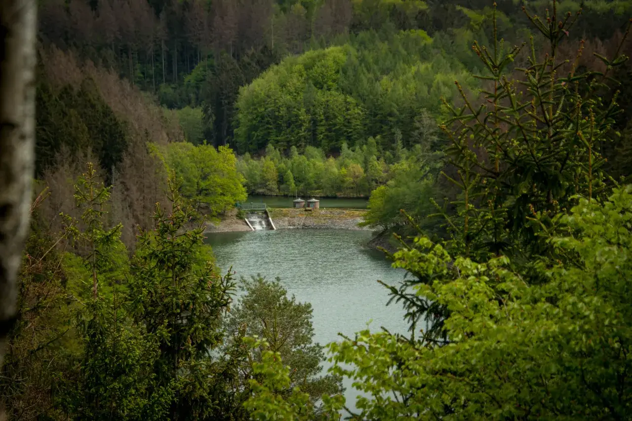 Gr&uuml;ne W&auml;lder umgeben die Talsperre Solingen. Ein kleiner Wasserfall st&uuml;rzt in den See, der von zwei kleinen Geb&auml;uden flankiert wird.