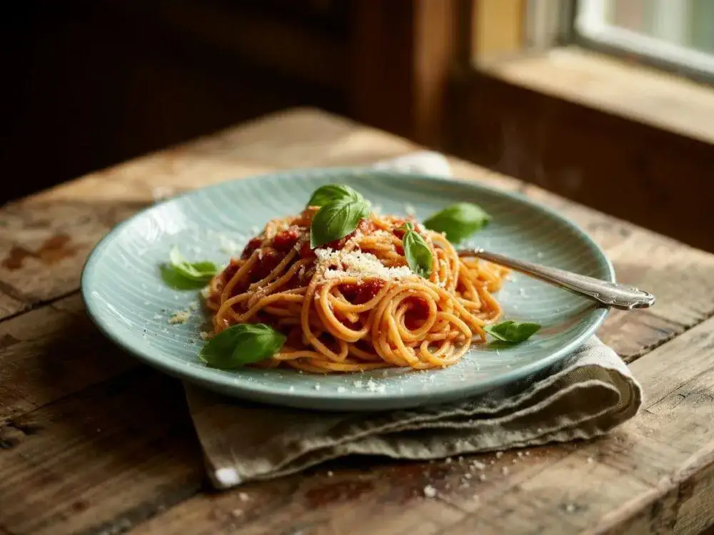 świeże składniki na sos pomidorowy do spaghetti (przecier, cebula, czosnek, bazylia)