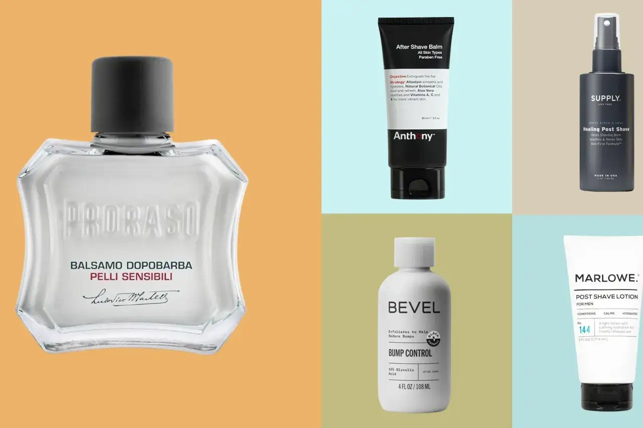 Här är en samling after shave-produkter: Proraso balsam, Anthony after shave balm, Supply healing post shave, Bevel bump control och Marlowe post shave lotion.
