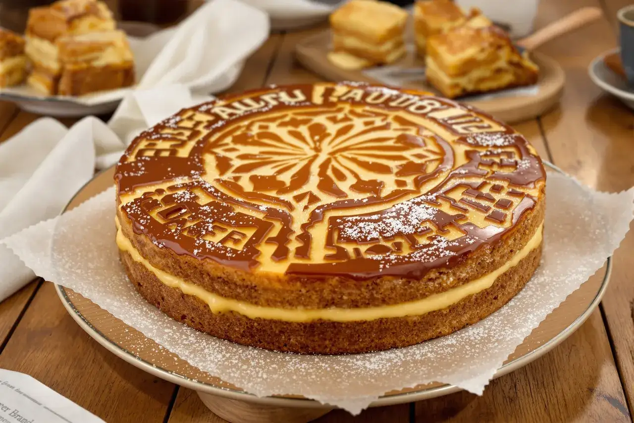 Gâteau basque à la crème pâtissière, nappé de caramel et décoré de sucre glace. Une belle recette pour un dessert gourmand.