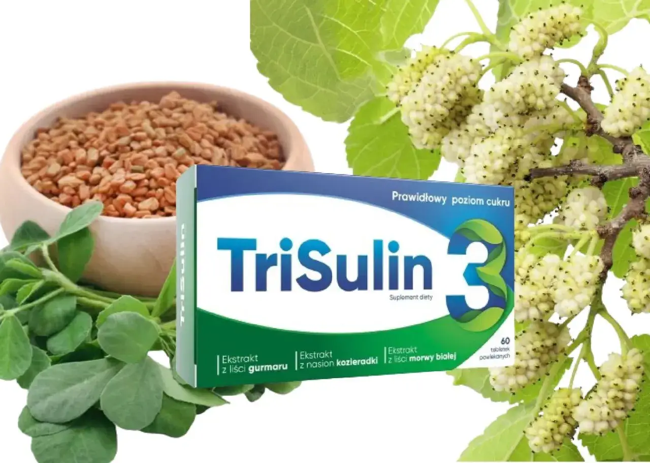 Opakowanie suplementu TriSulin z ekstraktami z morwy białej, kozieradki i gurmaru. Sprawdź trisulin cena!